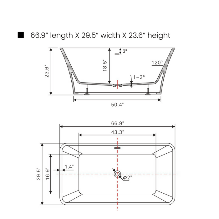 67" x 30" Freestanding Acrylic Bathtub, Modern Stand Alone Soaking Tub with Chrome Finish Slotted Overflow and Pop-up Drain - HomeBeyond