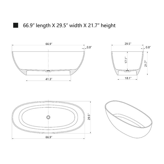 67” x 30" Oval Shaped Stone Resin Freestanding Bathtub, with Polished Chrome Pop Up Drain - HomeBeyond