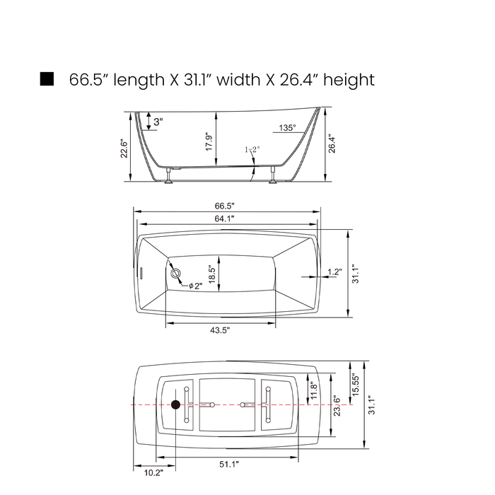 67" x 31" Freestanding Acrylic Bathtub, Contemporary Design Soaking Tub with Overflow and Pop-up Drain - HomeBeyond