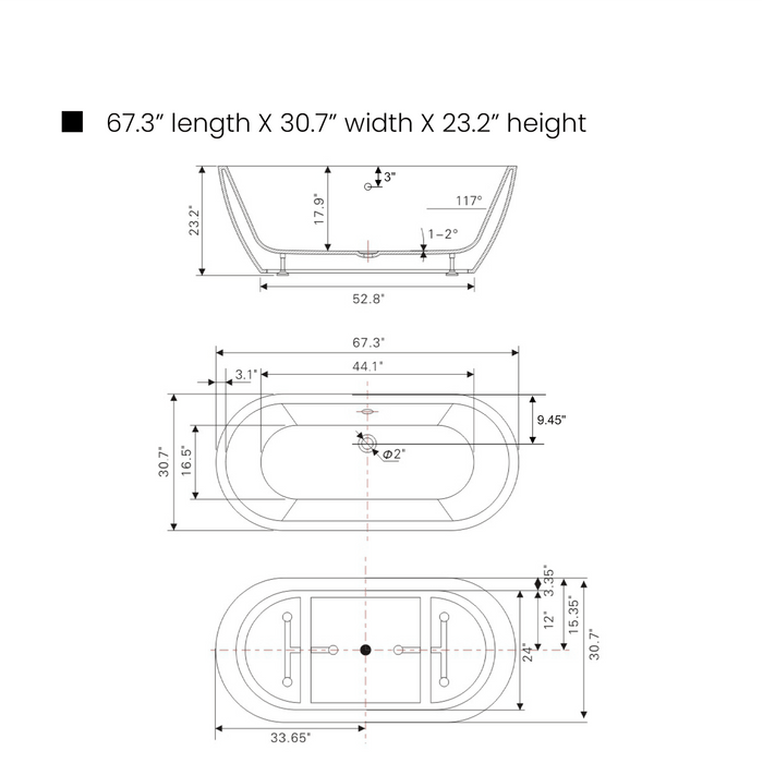 67" x 31" Freestanding Acrylic Bathtub, Modern Stand Alone Soaking Tub with Chrome Finish Round Overflow Pop-up Drain-VA6836 - HomeBeyond