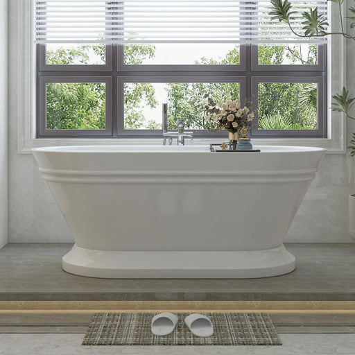 67" x 31" Freestanding White Acrylic Bathtub, Modern Stand Alone Soaking Bathtub with Slotted Overflow and Pop-up Drain - HomeBeyond
