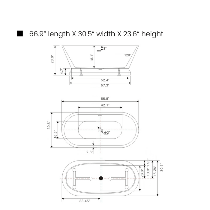 67" x 31" Freestanding White Acrylic Bathtub, Modern Stand Alone Soaking Bathtub with Slotted Overflow and Pop-up Drain - HomeBeyond