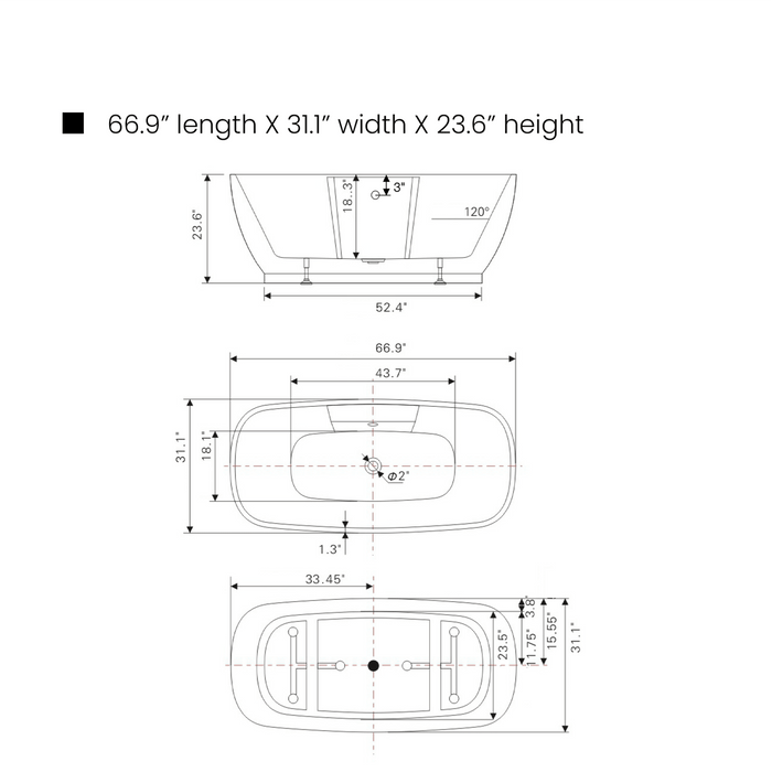 67" x 31" Inches Freestanding White Acrylic Bathtub-VA6835-L - HomeBeyond