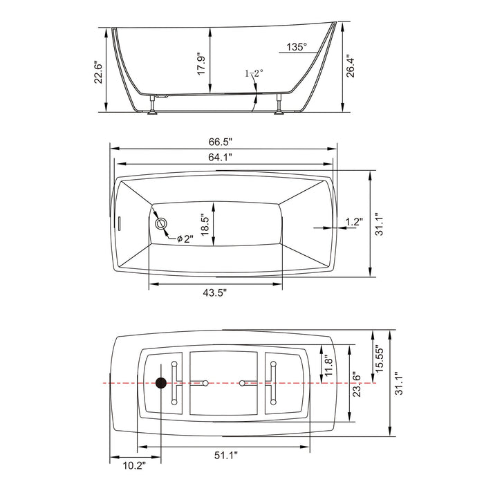 67" x 31" Modern Acrylic Single Slipper Flat Bottom Freestanding Soaking Bathtub Right Drain VA6841 - HomeBeyond