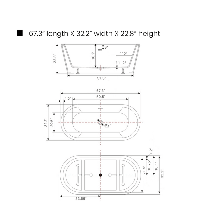 67" x 32" Freestanding Acrylic Bathtub Contemporary Design Soaking Tub - HomeBeyond