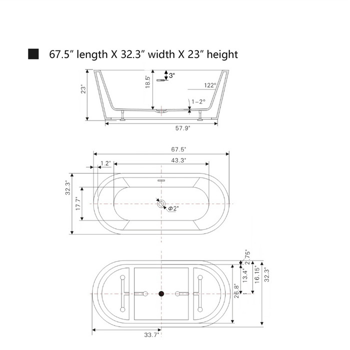 67" x 32" Freestanding Acrylic Bathtub, Modern Stand Alone Soaking Tub with Overflow and Pop-up Drain - HomeBeyond
