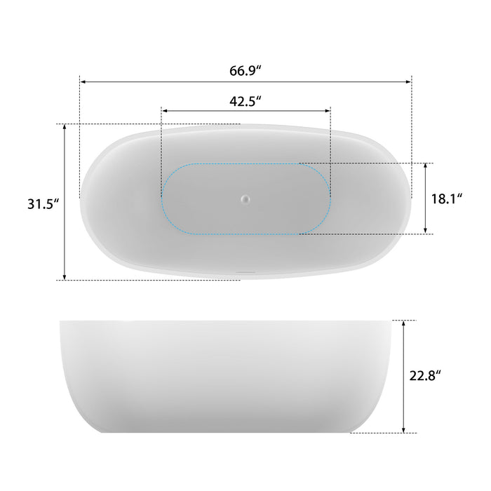67" X 32" Freestanding White Acrylic Bathtub Modern Stand Alone Soaking Tub VA6906-L - HomeBeyond