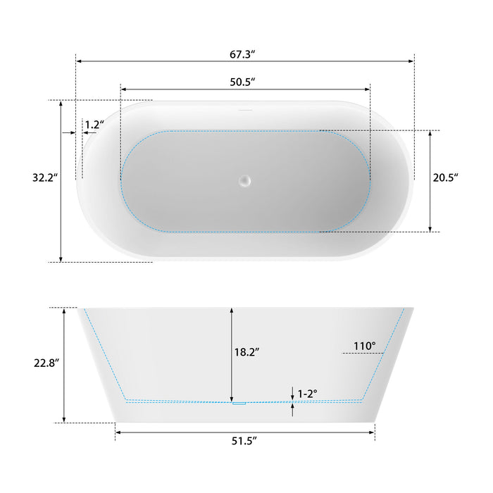 67" x 32" Modern Acrylic Oval Flat Bottom Freestanding Soaking Bathtub with Slotted Overflow VA6815-NLW - HomeBeyond