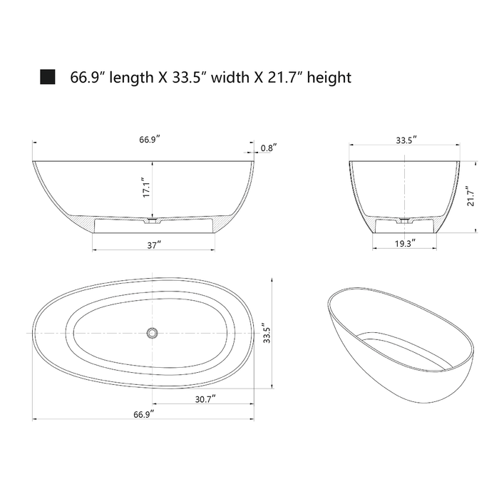 67" x 33" Oval Shaped Stone Resin Freestanding Bathtub, with Polished Chrome Pop Up Drain - HomeBeyond