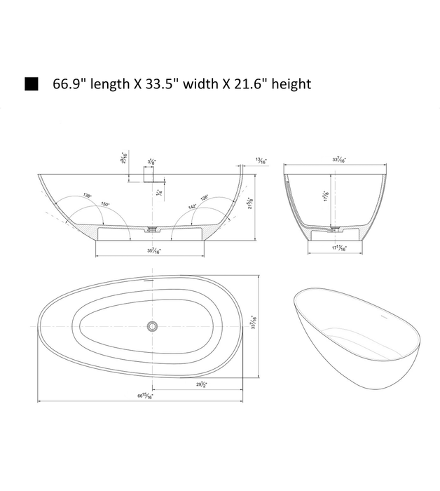 67" x 34" Flatbottom Freestanding Solid Surface Resin Stone Bathtub-VA6913-ML - HomeBeyond