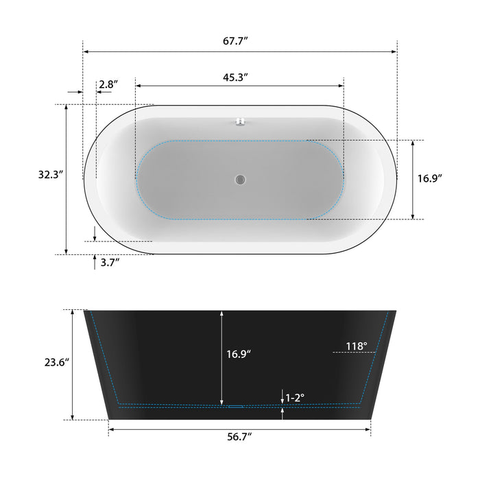 68" or 59" Freestanding Black/White Acrylic Bathtub - HomeBeyond