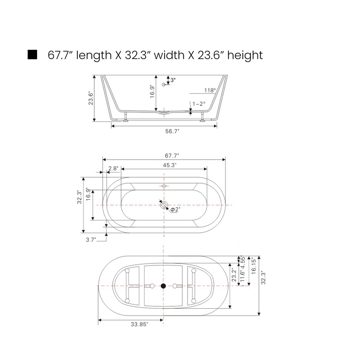 68" x 32" Freestanding Black/White Acrylic Bathtub - HomeBeyond
