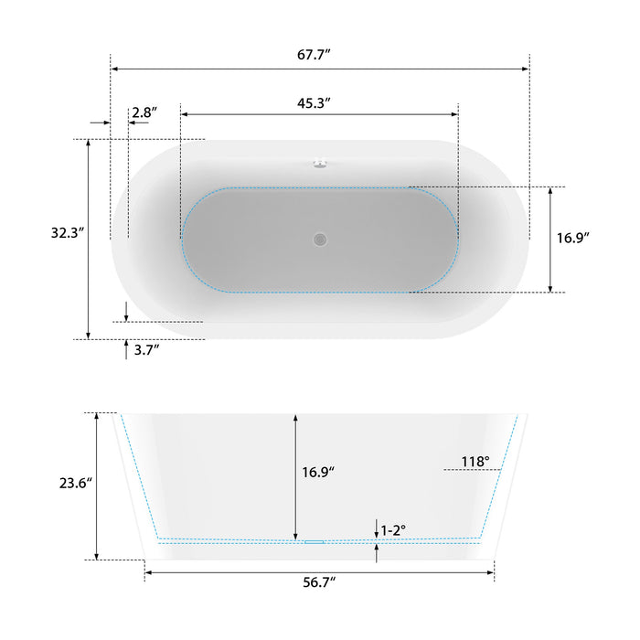 68" x 32" Modern Freestanding Acrylic Soaking Bathtub Black and White Soaker Tub Chrome Drain VA6812-L - HomeBeyond