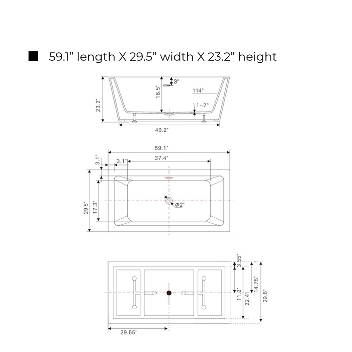 59" x 30" Freestanding White Acrylic Bathtub, Modern Stand Alone Soaking Tub with Slotted Overflow and Pop-up Drain