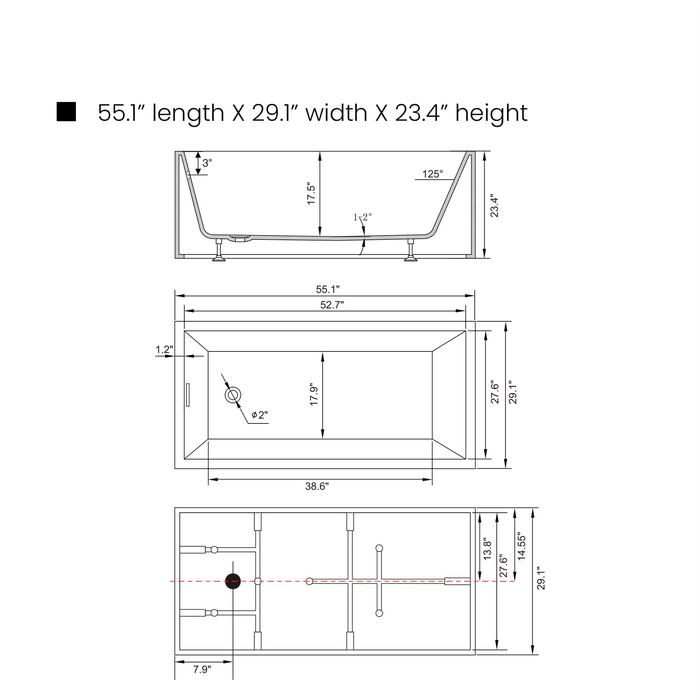55" x 29" Modern Slipper Freestanding Solid Surface Soaking Bathtub White Soaker Tub Slotted Overflow VA6816B-M