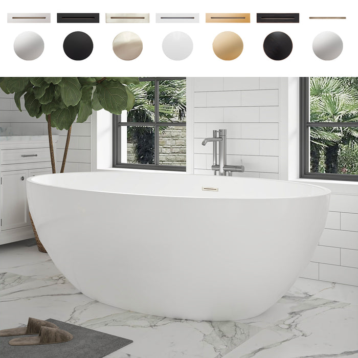 55" x 32" Modern Oval Freestanding Acrylic Soaking Bathtub White Compact Soaker Tub Center Drain VA6834-S