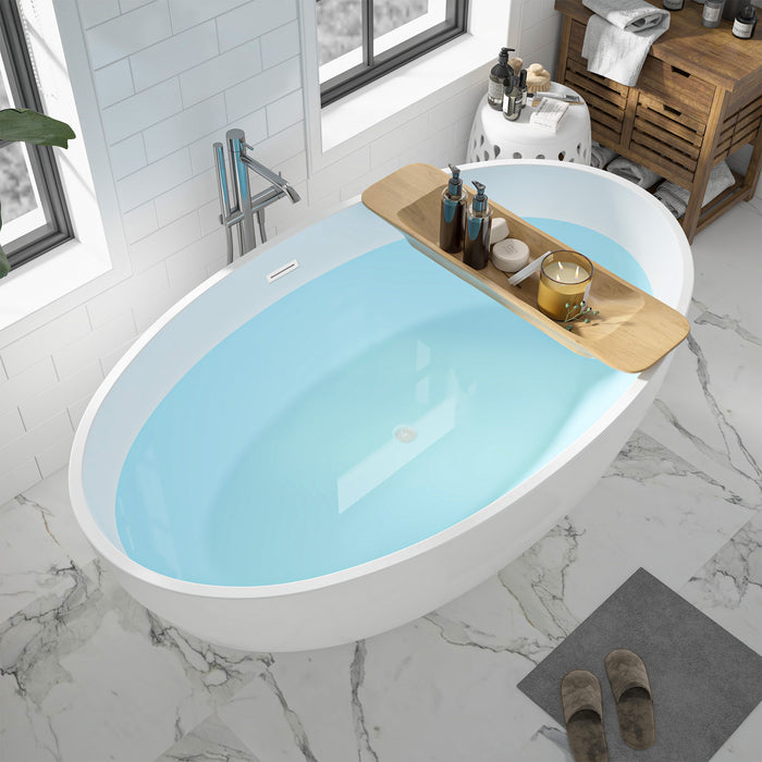 55" x 32" Modern Oval Freestanding Acrylic Soaking Bathtub White Compact Soaker Tub Center Drain VA6834-S