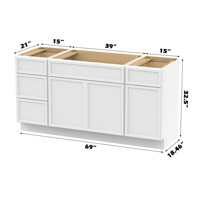 69" Modern Freestanding Birch & Plywood Bathroom Vanity Base Only – Shaker Style Storage Cabinet with 4 Drawers & 3 Soft-Closing Doors VA41153-39-151 - HomeBeyond