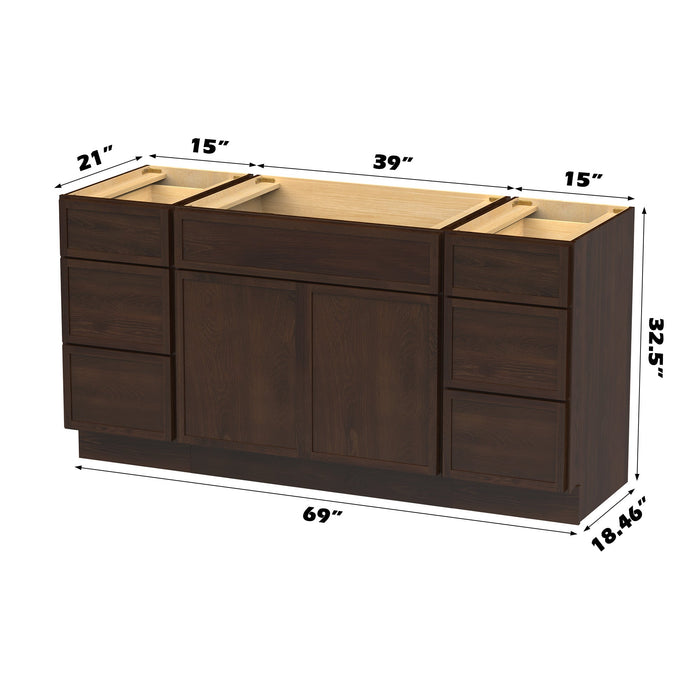 69" Modern Freestanding Birch & Plywood Bathroom Vanity Base Only – Shaker Style Storage Cabinet with 6 Drawers & 2 Soft-Closing Doors VA41153-39-153 - HomeBeyond