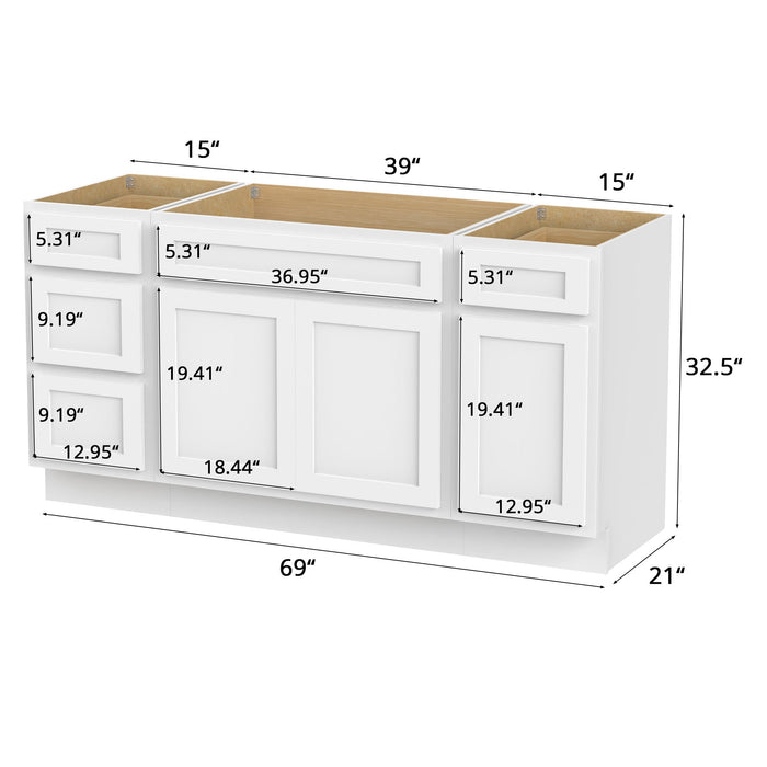 69" Modern Freestanding Oak Bathroom Vanity Base Only – Shaker Style Storage Cabinet with 4 Drawers & 3 Doors VA40153-39-151 - HomeBeyond
