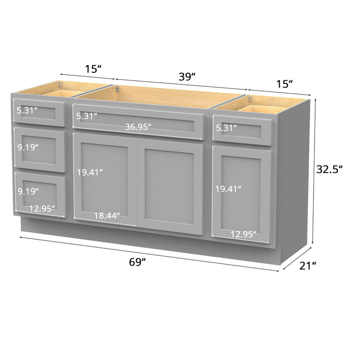 69" Modern Freestanding Oak Bathroom Vanity Base Only – Shaker Style Storage Cabinet with 4 Drawers & 3 Doors VA40153-39-151 - HomeBeyond