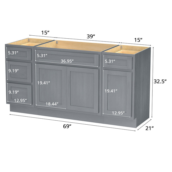 69" Modern Freestanding Oak Bathroom Vanity Base Only – Shaker Style Storage Cabinet with 4 Drawers & 3 Doors VA40153-39-151 - HomeBeyond
