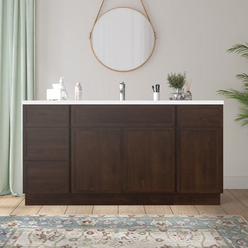 69 inch dark brown wood grain bathroom vanity cabinet without top, front view, room setting with round mirror