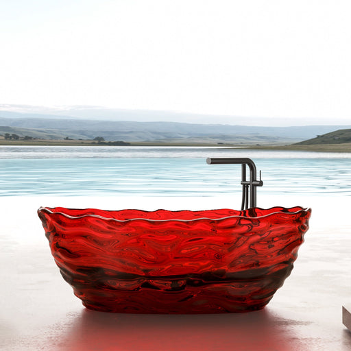 HomeBeyond 69x30 red transparent resin freestanding oval bathtub with wave texture and matte black faucet, lakeside setting