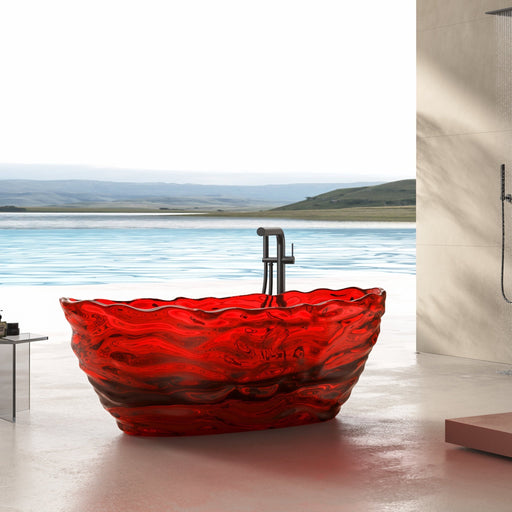 HomeBeyond 69x30 red transparent resin oval freestanding bathtub with wave texture in modern bathroom with lake view