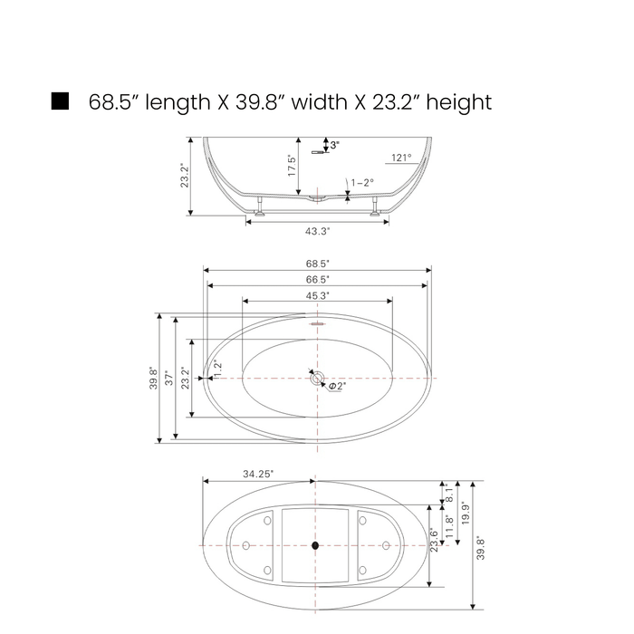 69" x 40" Freestanding White Acrylic Bathtub, Modern Stand Alone Soaking Tub with Slotted Overflow and Pop-up Drain - HomeBeyond