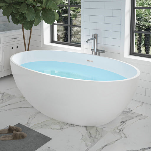 69" x 40" Freestanding White Acrylic Bathtub, Modern Stand Alone Soaking Tub with Slotted Overflow and Pop-up Drain - HomeBeyond