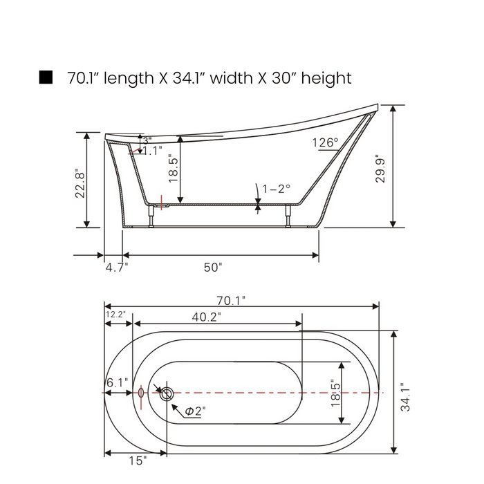 70" x 34" Acrylic Freestanding Bathtub-VA6839 - HomeBeyond