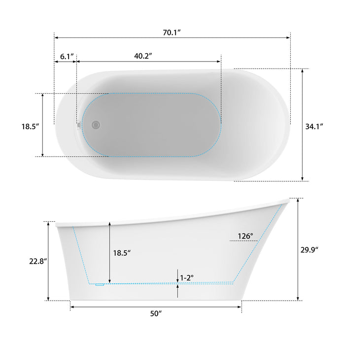 70" x 34" Modern Freestanding Acrylic Soaking Bathtub Glossy White Large Soaker Tub Chrome Drain VA6839 - HomeBeyond