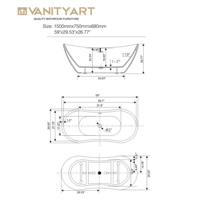 71" or 59" Freestanding Soaking Bathtub - HomeBeyond