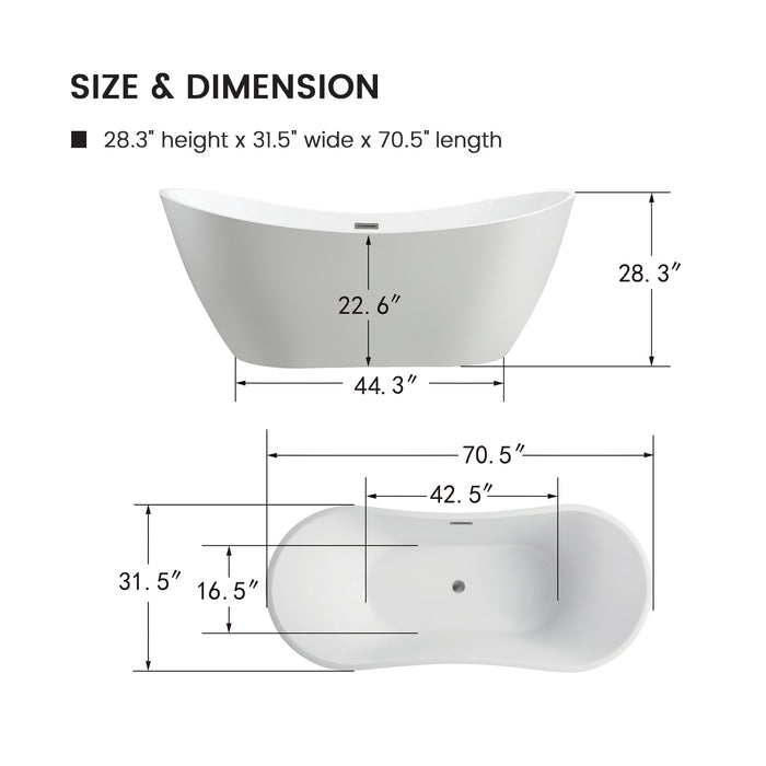 71" x 32” Freestanding Soaking Bathtub - HomeBeyond