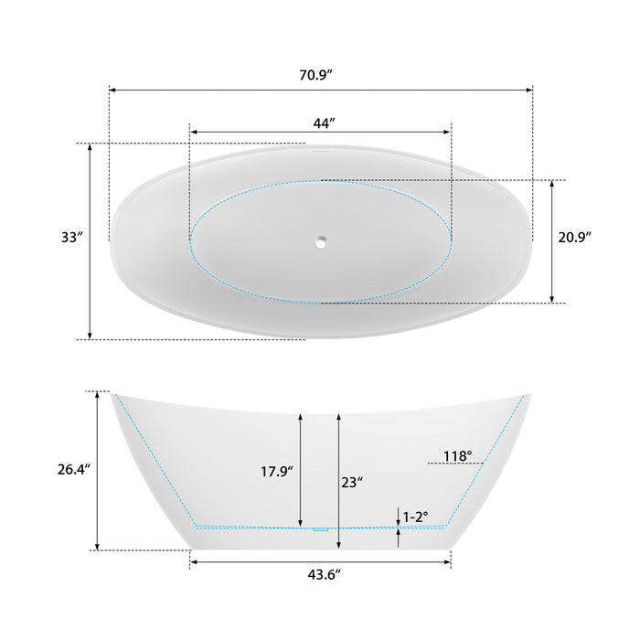 71" x 33" Modern Oval Freestanding Acrylic Soaking Bathtub White Large Soaker Tub Center Drain UPC Certified VA6807 - HomeBeyond