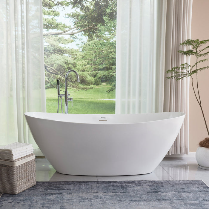 71" X 33" White Acrylic Freestanding Bathtub, Contemporary Design Soaking Tub with Overflow and Pop-up Drain - HomeBeyond