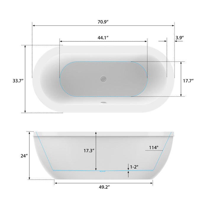 71" x 34" Modern Freestanding Acrylic Soaking Bathtub White Large Soaker Tub Chrome Drain UPC Certified VA6837 - HomeBeyond