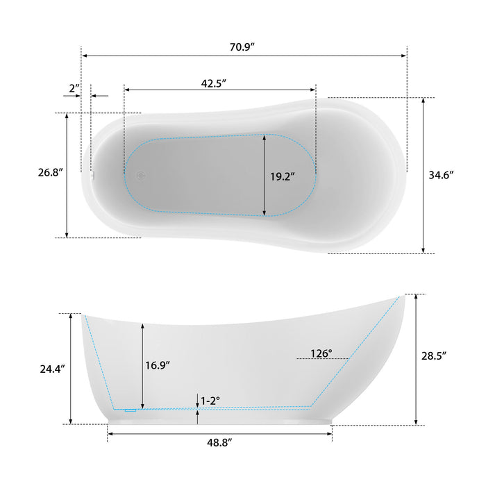 71" x 35" Modern Freestanding Acrylic Soaking Bathtub White Oval Single Slipper Soaker Tub VA6512-L - HomeBeyond