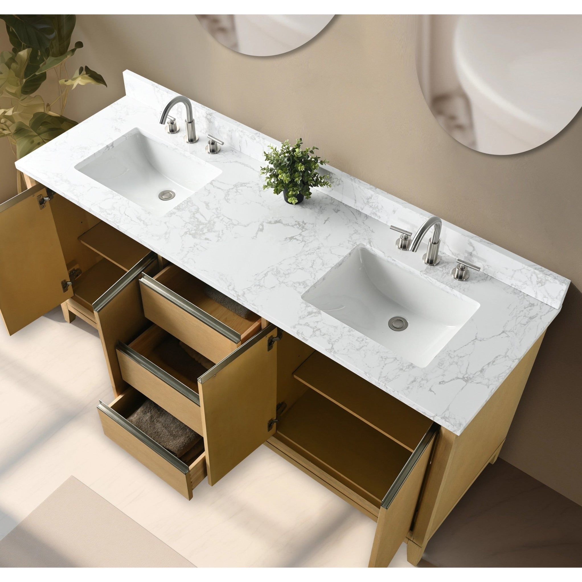 72" Double Sink Bathroom Vanity with Engineered Marble Top, With Soft ...