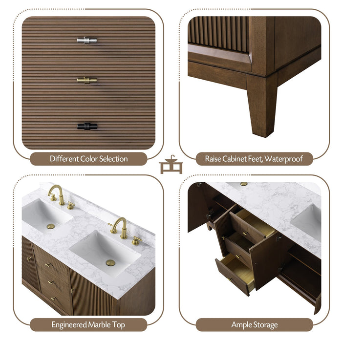 72" Double Sink Freestanding Bath Vanity Cabinet with White Engineered Marble Top - HomeBeyond