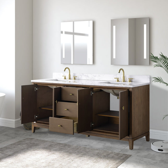 72" Double Sink Freestanding Bath Vanity Cabinet with White Engineered Marble Top - HomeBeyond