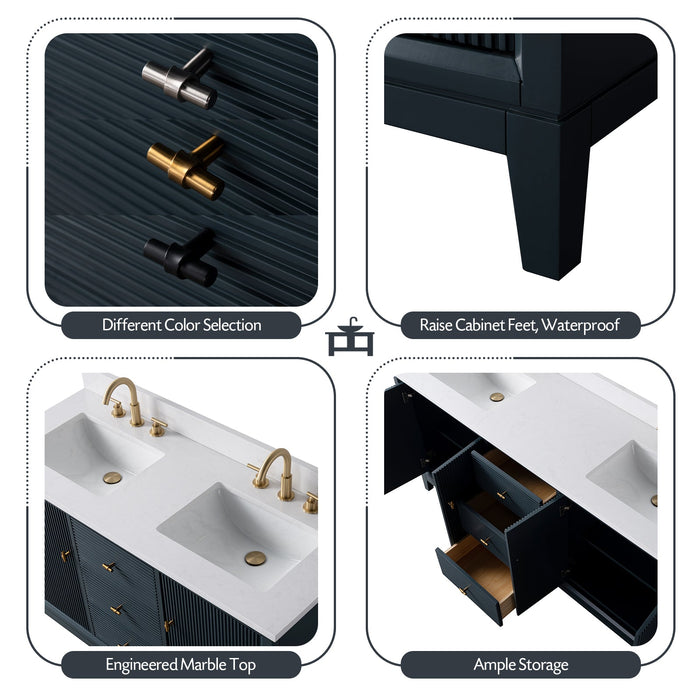 72" Double Sink Freestanding Bath Vanity Cabinet with White Engineered Marble Top - HomeBeyond