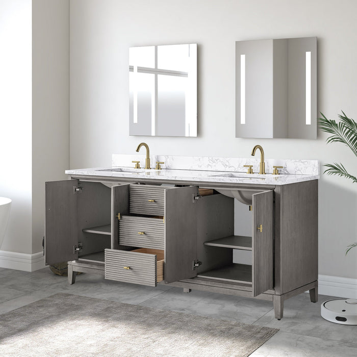 72" Double Sink Freestanding Bath Vanity Cabinet with White Engineered Marble Top - HomeBeyond