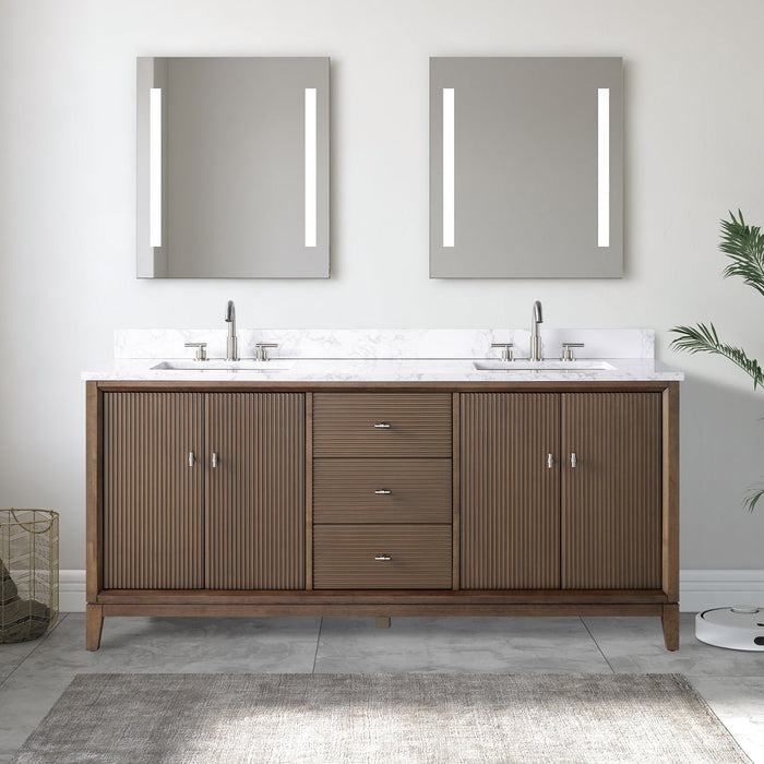 72" Double Sink Freestanding Bath Vanity Cabinet with White Engineered Marble Top - HomeBeyond