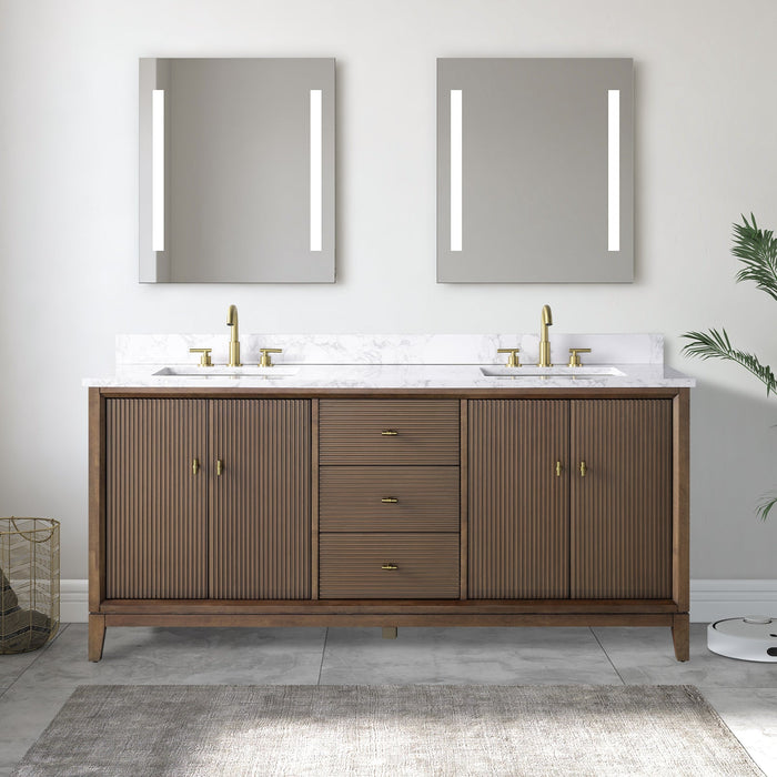 72" Double Sink Freestanding Bath Vanity Cabinet with White Engineered Marble Top - HomeBeyond