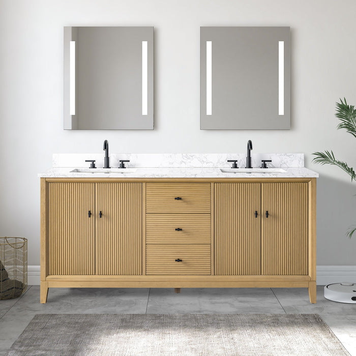 72" Double Sink Freestanding Bath Vanity Cabinet with White Engineered Marble Top - HomeBeyond