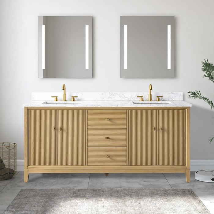 72" Double Sink Freestanding Bath Vanity Cabinet with White Engineered Marble Top - HomeBeyond