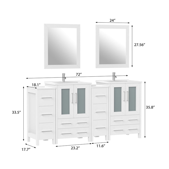 72" Double Sink Modern Bathroom Vanity Set with Ceramic Top & Two Free Mirrors – Large Storage Cabinet with 4 Cabinets VA3024-72 - HomeBeyond