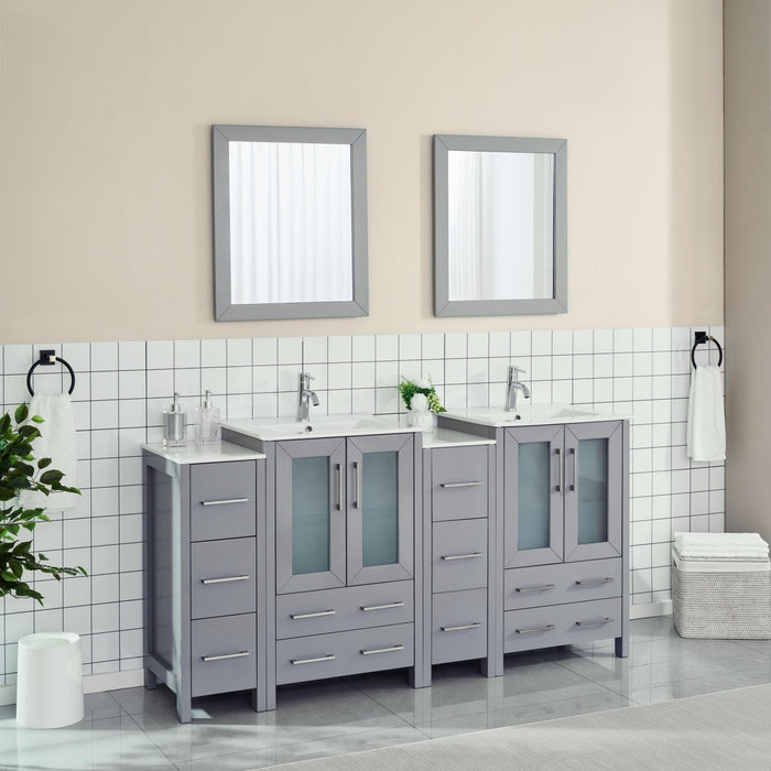 72" Double Sink Modern Bathroom Vanity Set with Ceramic Top & Two Free Mirrors – Large Storage Cabinet with 4 Cabinets VA3024-72 - HomeBeyond